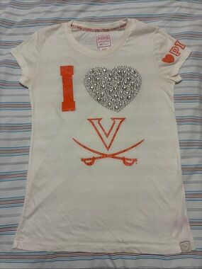 PINK Victoria's Secret White Tee with Orange and Silver Heart Accent